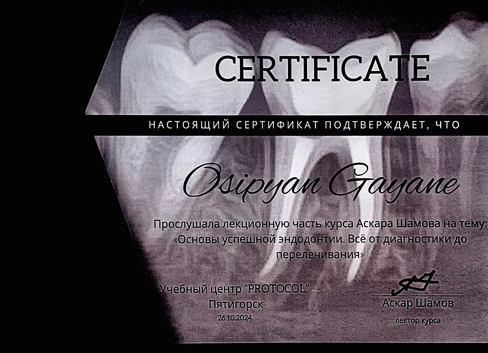 Сертификат курса «Основы успешной эндодонтии»